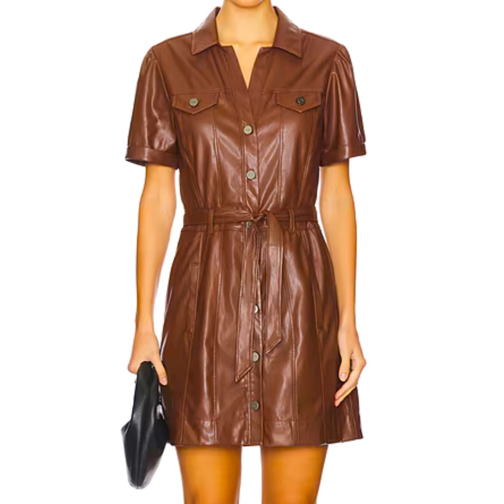 Paige Brown Pleather Button-up Dresss with Matching Belt